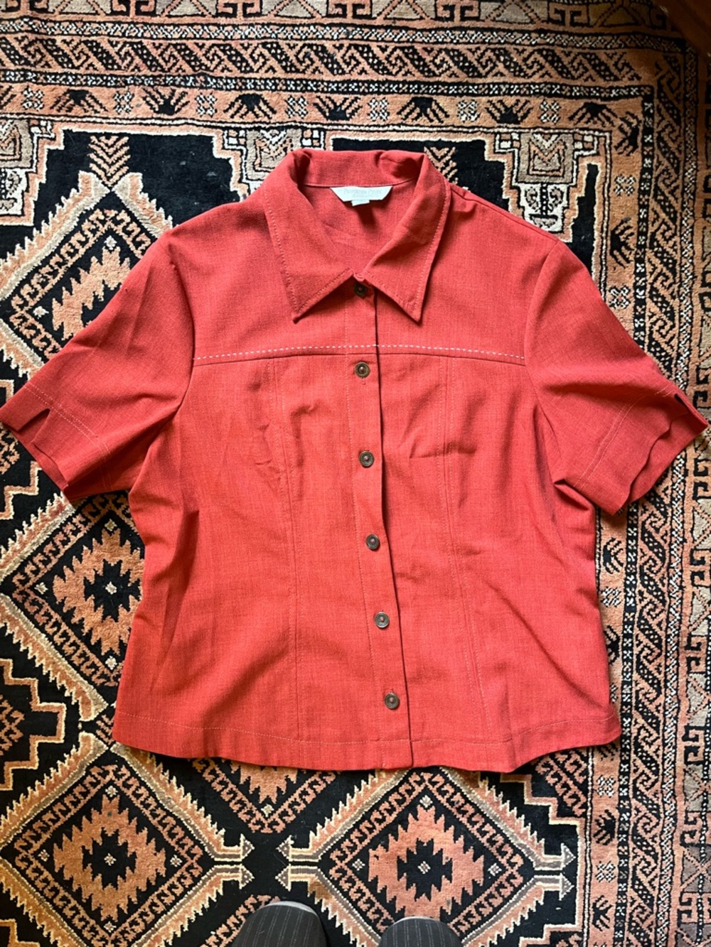 Vintage Rust Red Short-Sleeve Button-Up Shirt